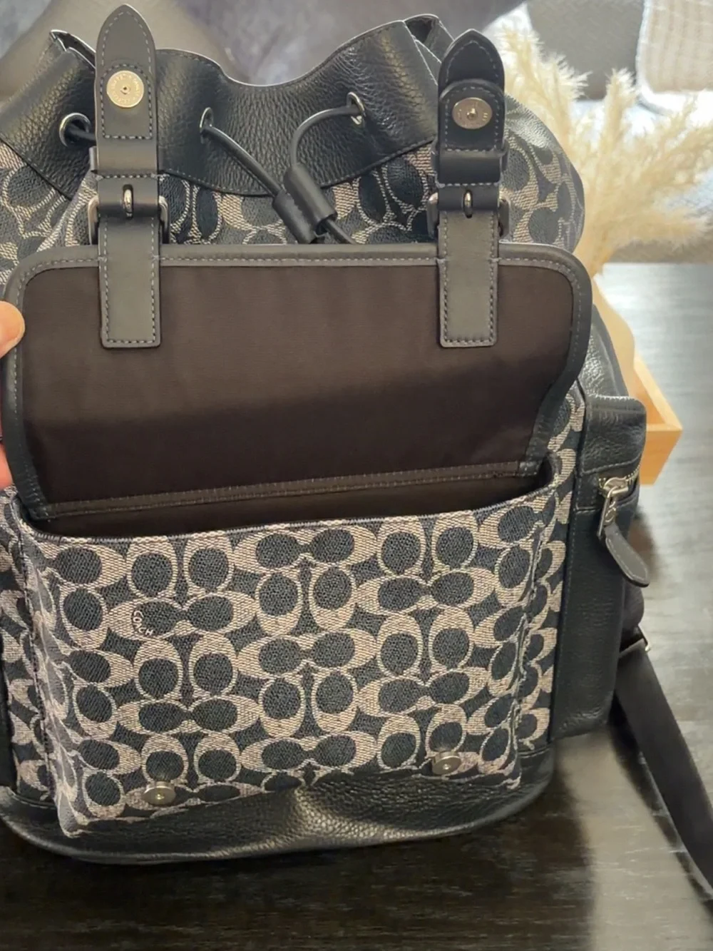 Coach Navy Signature Jacquard Backpack with Leather Trim
